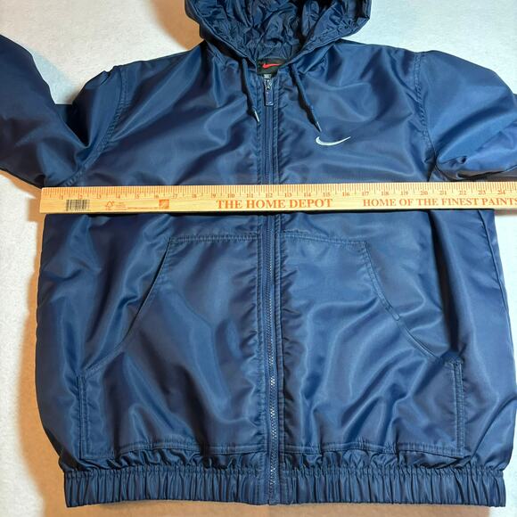 Vintage 90s NIKE Women's Size Medium Full Zip Puffer Jacket Navy Blue Spell Out - Picture 4 of 9